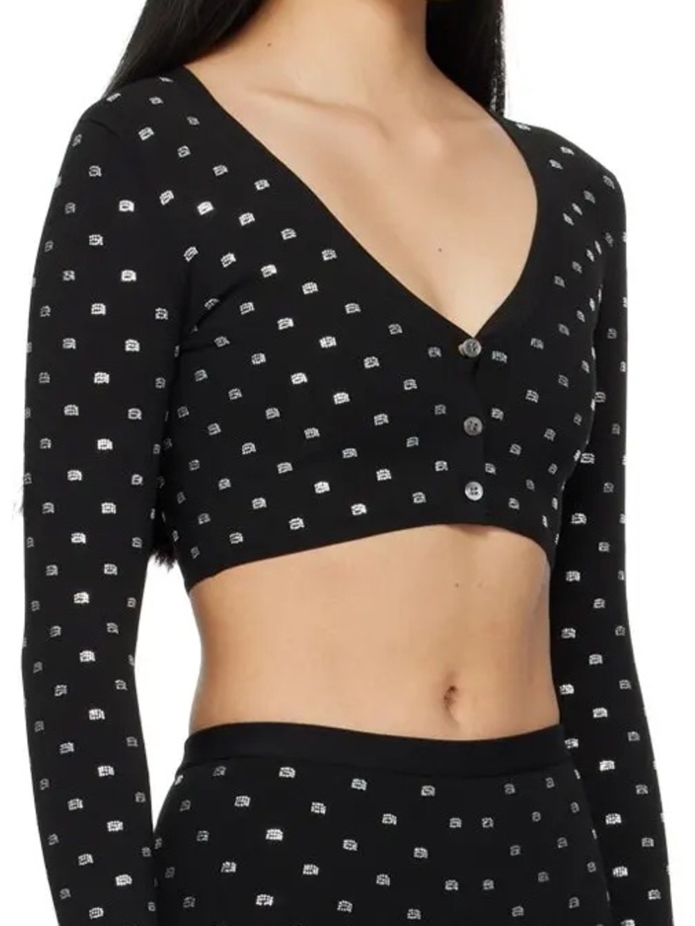 Alexander Wang Black V-NECK CROPPED CARDIGAN IN CRYSTAL - Picture 2 of 4